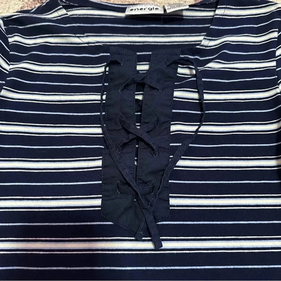 Y2K Energie Navy and white striped long sleeve top lace up detail size medium - Picture 4 of 11